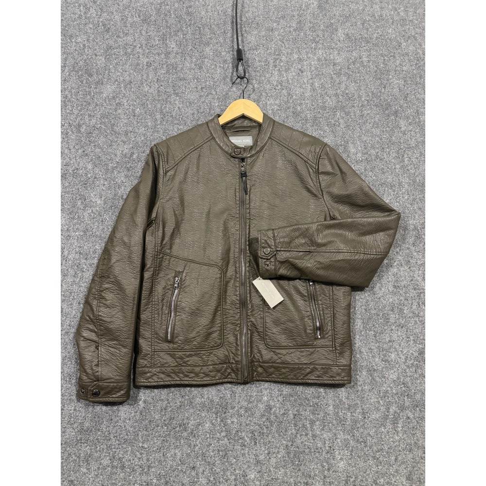 Michael Kors Mens Faux Leather Moto Racer Jacket Olive Quilted Lining Mens L NWT